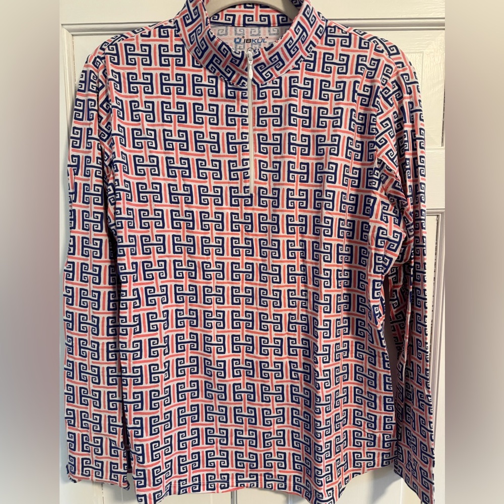 Geometric Patterned iBKUL Golf Shirt Shirt - Pink and Blue